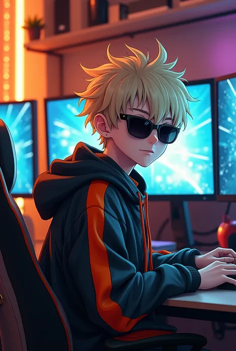 An anime-style character with spiky light blond hair, wearing black sunglasses and a cool jacket with orange accents, standing in a modern gaming room with multiple monitors, gaming chairs, and warm ambient lighting.", 16:9 aspect ratio. 