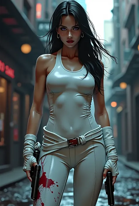 Caucasian woman(medium breast, solo) long black haired, katana sword in her right hand Realistic style, beautiful female face, big purple eyes, with a stein of blod in her clothes, wearing a full tight white vinyl body suit, no skin visible in her body, an...