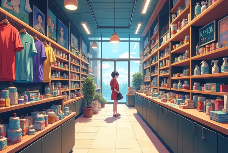 shopping store, inside shopping store, looking for items, anime style, no people, first person view