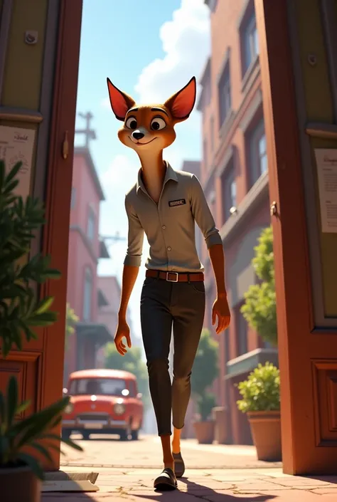 A slim dog getting out of his house in dress (he lives in a zootopia world)