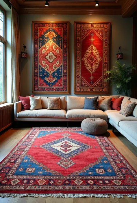 Rugs displayed on frames in living room