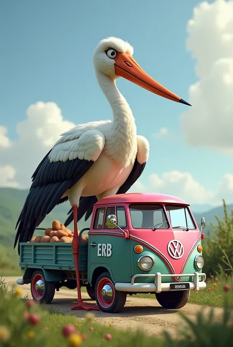 Volkswagen truck stork with ERB logo in pink
