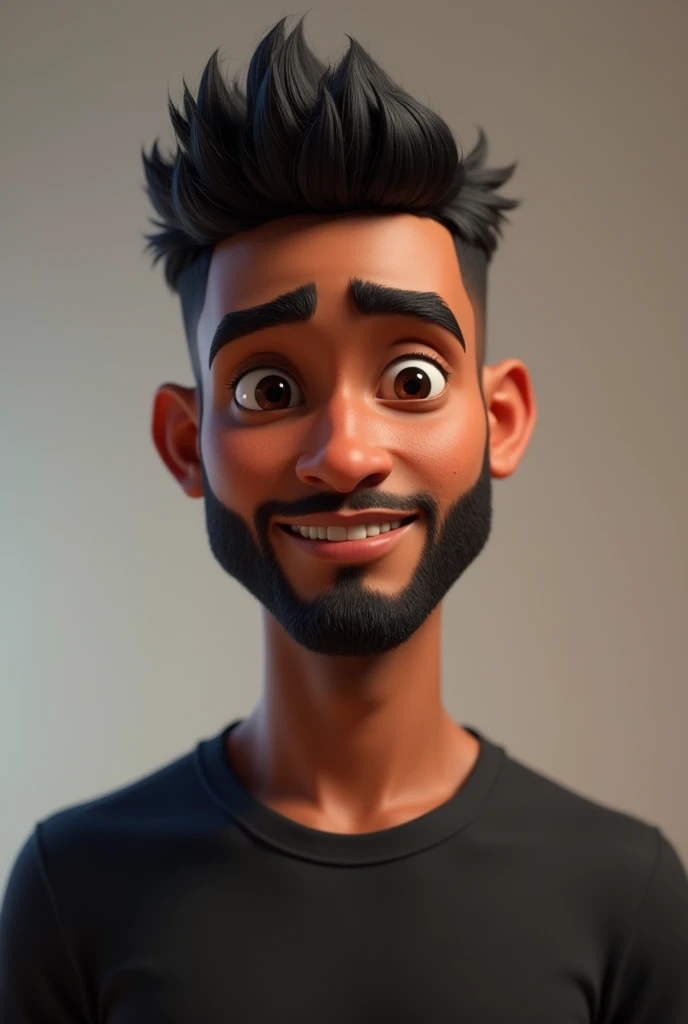 Portrait of a young man in 3D Disney Pixar style, half-length, from the front, looking directly at the camera, dark skin, with a beard, short black hair,
shaved on the sides, black eyes, wearing a black t-shirt