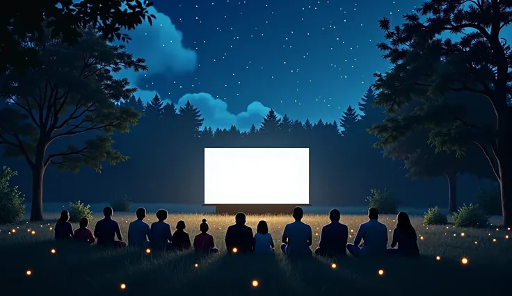 A movie screen at night into the woods