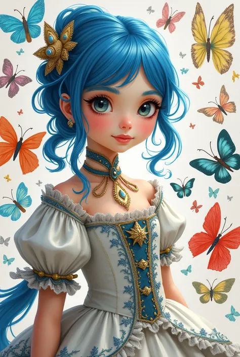 Girl with blue hair and baroque dress, White background filled with drawings made by little children 