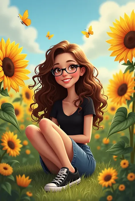 Cartoon white woman with long curly brown hair, Hazel eyes and glasses sitting in a field of sunflowers and butterflies wearing a jean, a black blouse and black tennis shoes with a wool