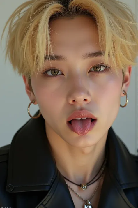 bts jimin blonde with tongue piercing 
