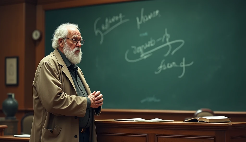 Professor Harris, an elderly man with a white beard and glasses, standing in front of a large chalkboard in a grand university classroom, deep in thought before his lecture begins.
In comic style 