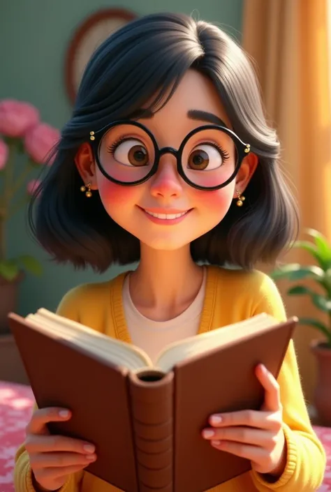 Create a Disney Pixar-style character, Caucasian female, shoulder length black hair, wearing glasses, Grinning, reading the Bible.