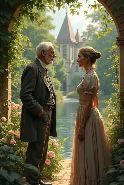 Conversation in the garden of the old gardener George and a rich woman named Alix in the novel &quot;The Nightingale&quot;