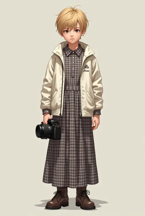 Masterpiece, High quality, Young boy, Holding a checked long dress, digital camera, White jacket, Blonde, Facing forward, looking at the camera in, full bodyesbian, center of screen