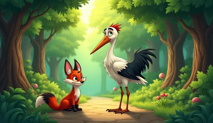 Prompt: A lively, dense forest with tall trees, green foliage, and a narrow path. In the middle of the forest, a clever-looking fox with a sly smile stands beside a tall stork with a long neck and sharp beak. They are chatting happily, showing their close ...