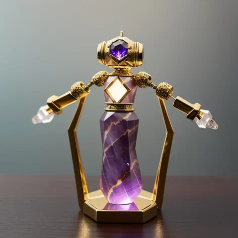 A robot crafted from polished amethyst, a purple gemstone, with small cylinders and rectangles resembling machined parts, feminine form with sensual curves, amethyst gleaming in the light, metal parts made from black onyx, 