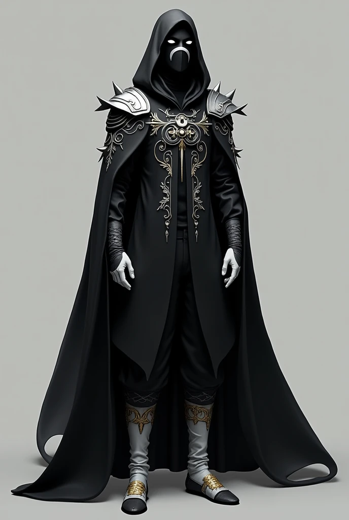 Make a black cloak (masculine)embroidery with silver parts the sleeves extend to the wrist black gloves with white palms shoulder pads over the sleeves in silver a black mask with the moon symbol in one of the eyes white and gray socks with gold details si...