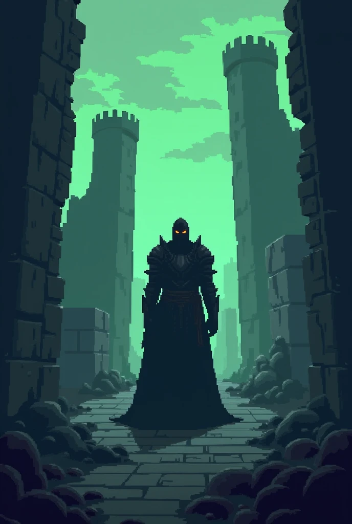 Generate an image that imitates the pixel art style, with a high contrast between shadows and lights. The color palette should include dark and green tones., creating a gloomy and mysterious atmosphere. The main subject should be a dark figure, similar to ...