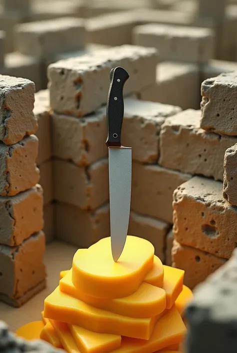 Knife two little  maze of stone walls on a pile of cheese 