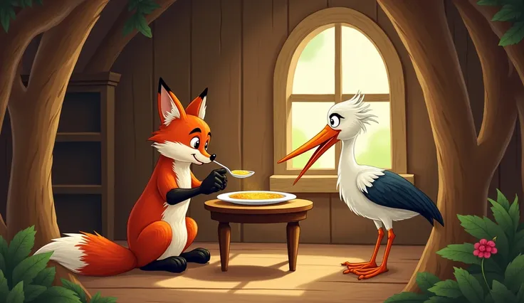 Prompt: Inside the foxs cozy den, a small, wooden table is set with two plates. The cunning fox serves soup in a wide, shallow plate. The stork is trying to sip the soup with its long beak but is struggling. The fox, with a mischievous grin, easily laps up...