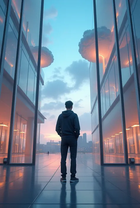 A man gazes at the interior of the glowing glass-walled building, interspersed with dramatic, cloud-like installations that glow softly in the Twilight Sky. The modern, urban setting forms the scene, creating a surrealism, dreamlike atmosphere.

