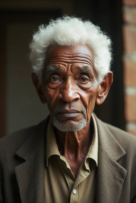 Afro person, 70 years old, from 1940 with white hair, with medium texture, short, Wide nose 