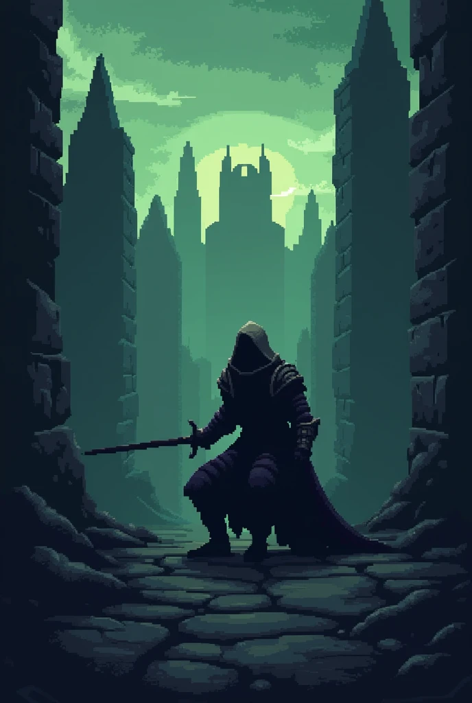 Generate an image that imitates the pixel art style, with a high contrast between shadows and lights. The color palette should include dark and green tones., creating a gloomy atmosphere. The main subject should be a dark figure, similar to a medieval warr...