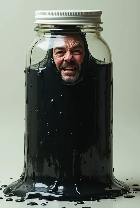 A man trapped in a jar of black sticky goo with only his head sticking out
