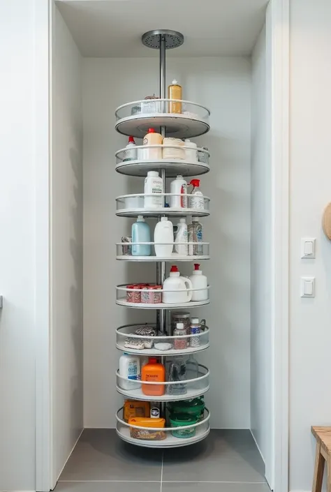 I need a cleaning product storage system that has the operating mechanism of a hydraulic power wheel.. This should take up little space and be attached to the wall or ceiling.