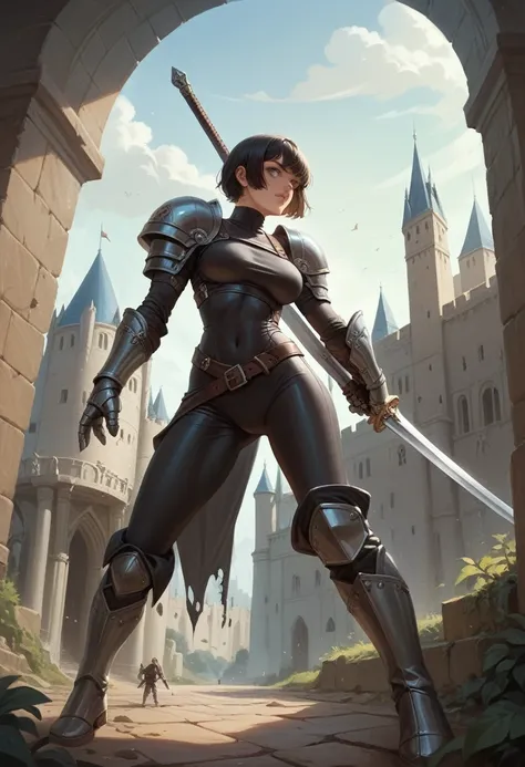 A young 2  human woman with short black hair and big breasts wearing tight leather with a breast plate and metal boots and gauntlets wielding a longsword in a castle while an infiltrated demon reaches from behind for her head