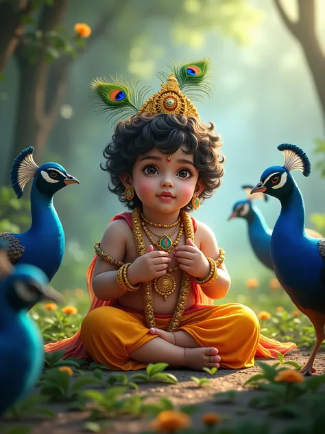 A divine Krishna resembling a young Human Baby boy deity is depicted seated amidst Peacock, surrounded by a radiant light.  peacock-feather adorning his head, in Vrindavan with soft-focus luminescent colorful Krishna wearing traditional attire enhances the...