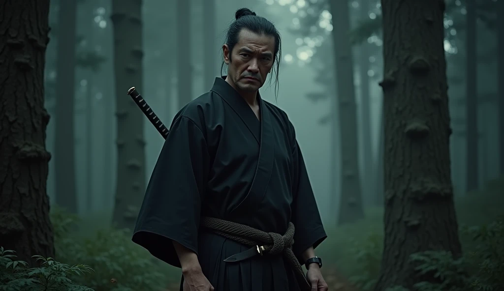 Japan folklore,A samurai wearing black hakama is holding a sword with a gloomy expression,Excited, Photo of your face, Dark forest background, with a natural look, With a slightly tired look, tilt your face a little, Diagonal orientation, Average face