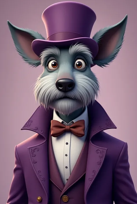 I need you to generate 2D cartoon style images of an elderly grey dog in purple formal attire with a purple top hat and matching coat, adorned with a brown bow tie and a white shirt, exuding an air of sophistication. The well-trimmed grey beard adds a touc...