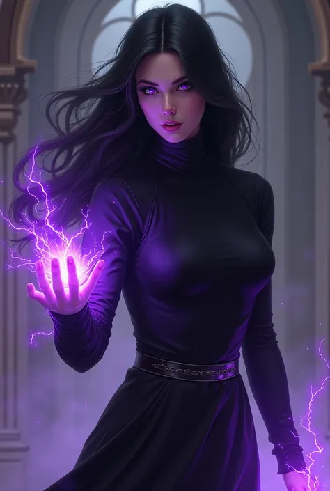 An image of a woman with long black hair, eyes with purple irises shining, with purple powers glowing in both of his hands, with black clothes and long sleeves in 2d. Make the garment completely cover your breasts. Make her look like she&#39;s in her 30s