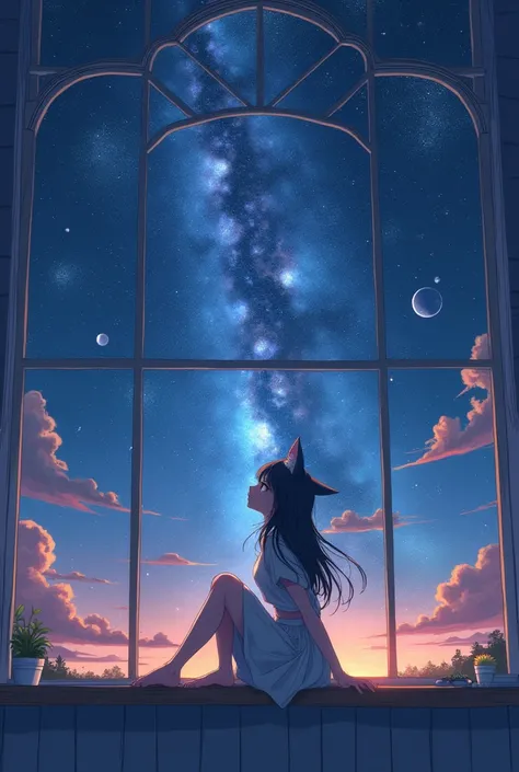 Anime cat-ear girl sitting on a shelf looking at the sky, Animation inspired by Makoto Shinkai, Popular on Pixiv, Space art, Cyril Rolland, 4k anime wallpaper, anime art wallpaper 8 k, Anime Art Wallpaper 4K, Anime Wallpaper 4K, Anime Wallpaper 4K, Anime W...