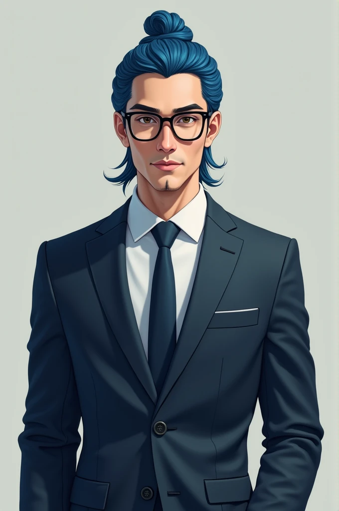 Well trained man with medium length blue hair in a bun and glasses. He is wearing a suit 