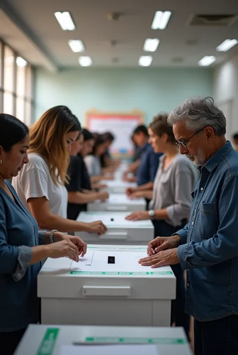 Create a photo-like image of **Electoral Board**: Photograph of a polling station with ballots, ballot boxes and people participating in the process. Be sure to include elements that symbolize transparency and freedom., that it be in Uruguay. make it reali...