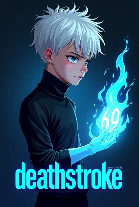 Create me a mascot logo where it&#39;s a boy and he has short white hair, with a black turtleneck shirt and in the right hand has blue fire and below has the letters ⁶⁹deathstroke in blue 