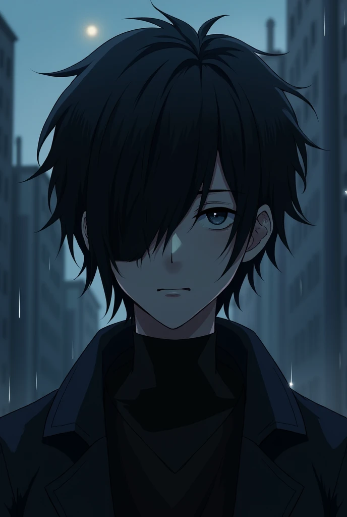 Emo with black hair covering his eyes completely anime
