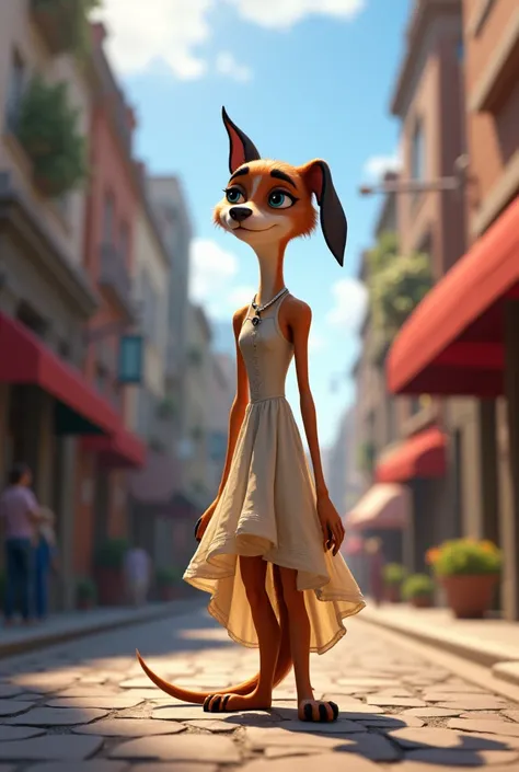 A slim male sad face dog in dress  (he lives in a zootopia world)