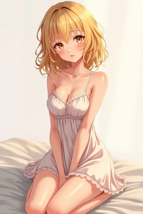 Sexy girl with semi-short curly yellow hair, wearing a babydoll and honey-colored eyes, sitting cross-legged anime