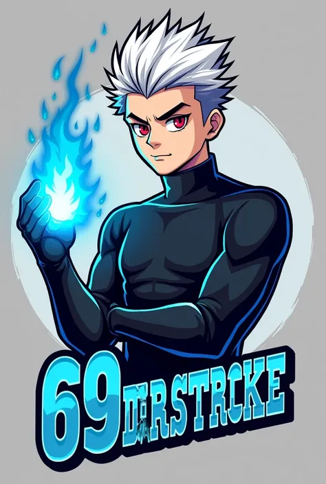 Create me a mascot logo where it&#39;s a boy with red eyes and a proud face and has short white hair, with a black turtleneck shirt and in the right hand has blue fire and below has the letters ⁶⁹deathstroke in blue 