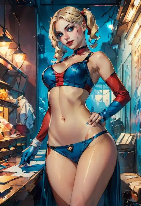 Erotic Harley Quinn wearing only red and blue panties, very sexy, black stockings, tight clothing, transparent clothing, cleavage 