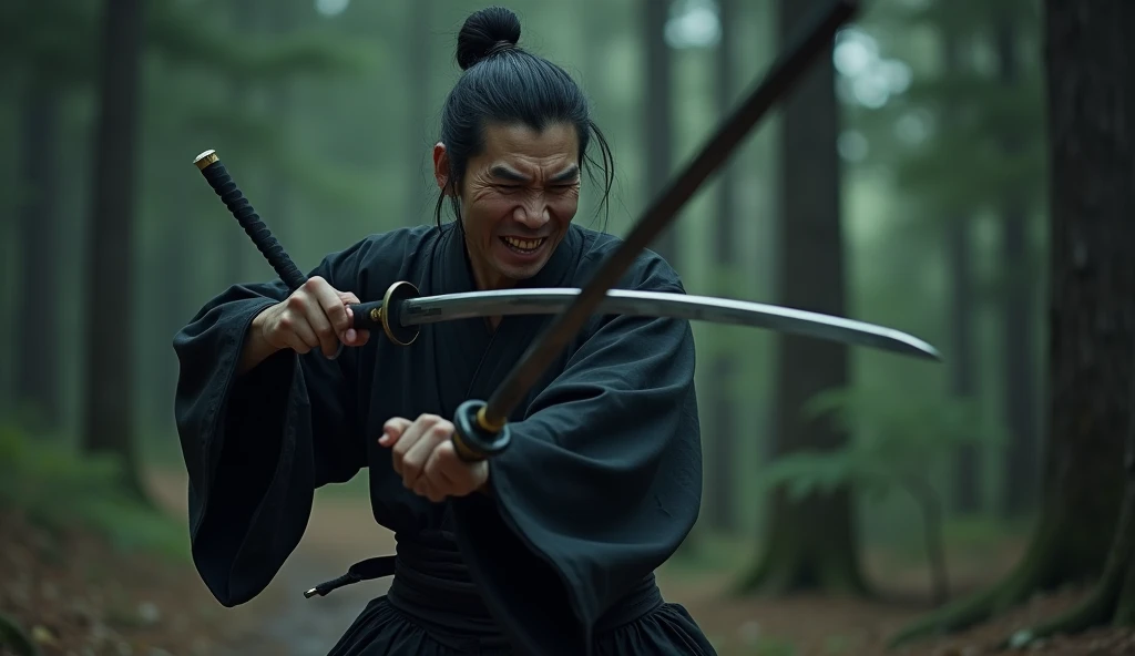 Japan folklore,A samurai wearing black hakama is waving his sword with a gloomy expression,Excited, Photo of your face, Dark forest background, with a natural look, With a slightly tired look, tilt your face a little, Diagonal orientation, Average face