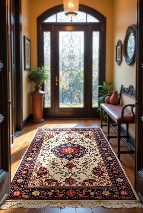 Small oriental rug displayed in a entryway and Florya Rugs written somewhere 