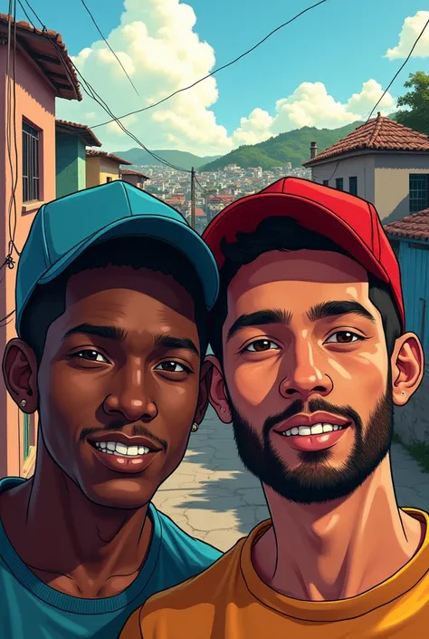 A cartoon of just 2 male faces wearing caps, one of which is dark-skinned and the other a little darker., just showing the faces of the 2, with the face of a favela dweller