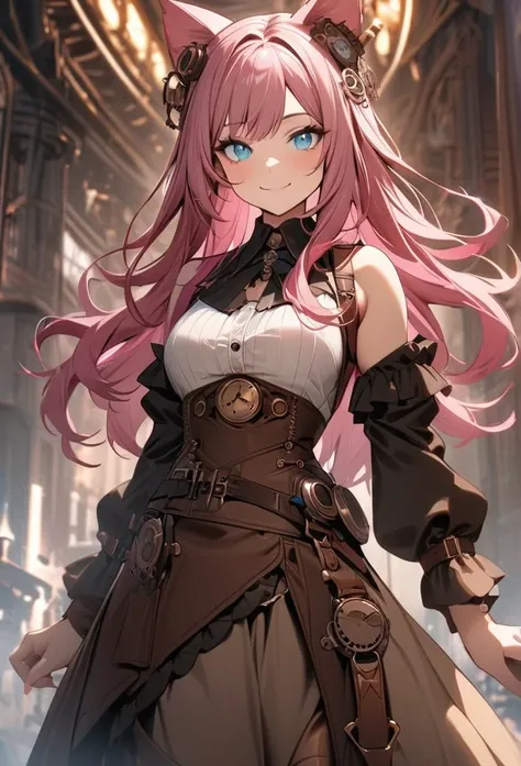 Solo, 1girl, pink mix with dark pink hair, multicolored hair, blue eyes, (((high quality))), masterpiece, detailed face, ((steampunk style)), fantasy design, fantasy clothes, Smile, Cat Ears, long hair, steampunk dress, standing, all body clear