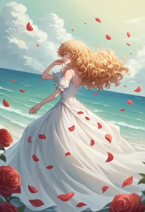 (​masterpiece: 1.2, realisti: 1.37, ultra high resolution), Female model, light skin, Fell, curly hair, White dress, Ein am sea, Rose petals everywhere, high contrast, dynamic, Soft focus, natta, stars, starsnklarer Himmel, sea,high quality，highest quality...