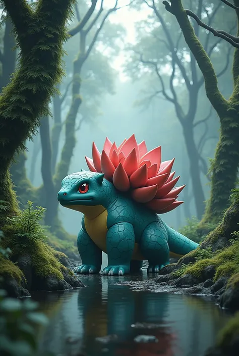 A realistic venusaur animal among the trees, forest lake, moss, cold weather, dark teal and amber, sony a7 iv, 4K, anatomically correct, masterpiece, high details, award winning, high quality, super detail, best quality