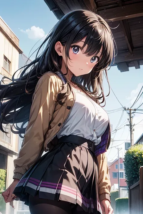 Girl posing for a photo, animeのcute女の子, ((One Girl)), ((Baby Face:0.9)), ((cute:1.1)), 
break 

#Clothing Accessories 
((Purple checked jacket:1.3)) + ((White shirt:1.2)) + ((Black high-waisted skirt)) + ((Sheer low denier pantyhose:1.2)) + ((Glossy black ...