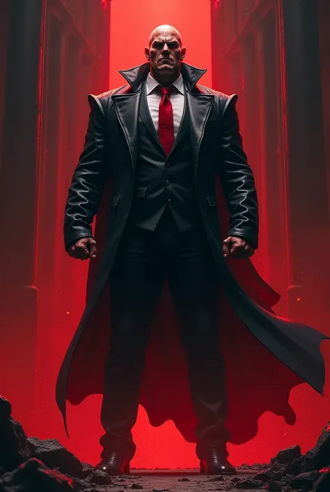 Image of a villian who is 6 foot tall and egoistic, has anger issues , Sigma and favourite colour is red and black more manly and lean max physic 