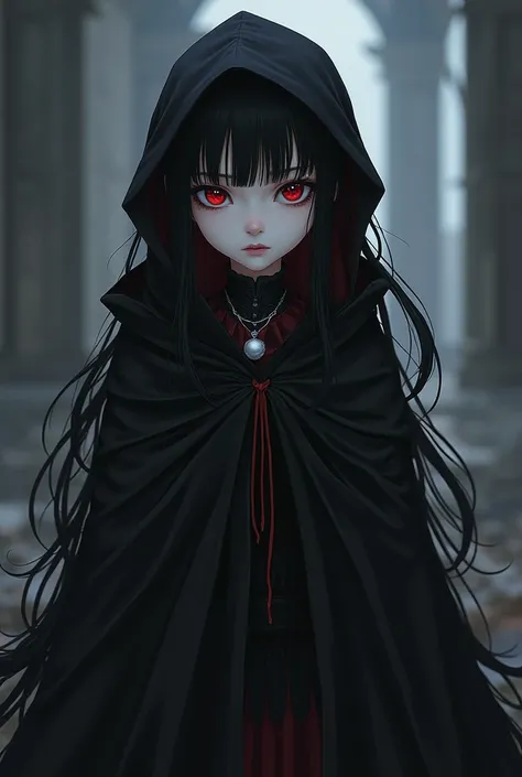 a one woman, with some childish features, long black hair, pale skin, dark red eyes, Wearing a Cape, and clothes in the style of the anime “Castlevania”