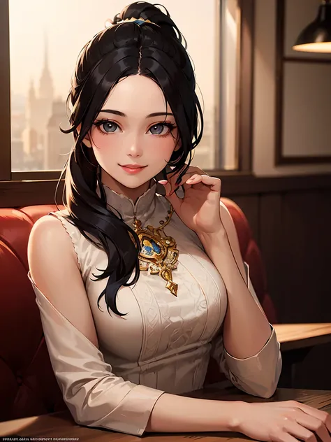 a beautiful young woman with long black hair in a ponytail, smiling at the audience, in a cafe, high quality, masterpiece, detailed, photorealistic, trending on artstation, intricate details, soft lighting, cinematic composition, elegant pose, beautiful ey...